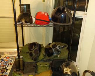 Gas masks, first aid kits and helmets