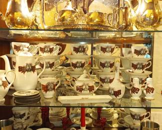 Silver tea set and scottish crest china