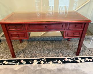 Rosewood tone Writing Desk with protective glass top. L 54in | D 24in | H 30in