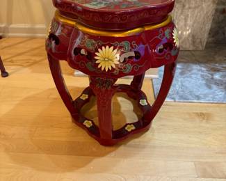 Red Lacquer Hand Painted Chinese Stool. Dimensions: 18in T | 12.3/4in D