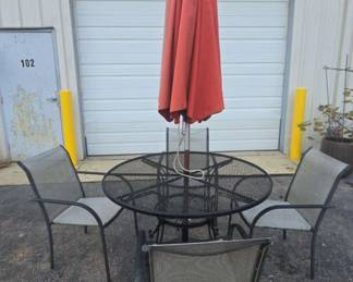 Metal Table, Four Chairs And Unbrella With Stand