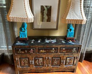 Chinoiserie hand painted cabinet ❤️ The pair of lamps have been removed from sale by owners. Sorry!