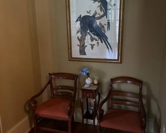 One of two Audubon prints and pair of English chairs 
