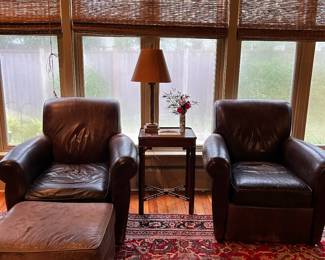 Fabulous Mitchell-Gold brown leather with one ottoman leather chairs