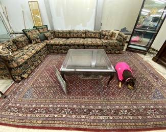 Zelda is Modeling the Rug!! Must be pretty Comfy!! Mid Century Style Sectional with Rabbits/Dogs Upholstery, Bernhardt Furniture Beveled Cocktail Table