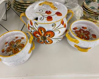 Vintage Hand Painted Soup Tureen with 4 Double Handle Soup Bowls, Italy