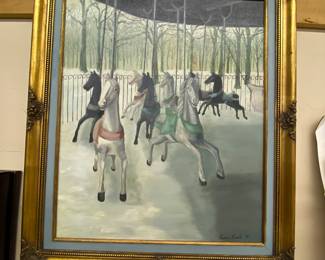 CUTE!! Original Oil Painting on Canvas Merry Go Round, Framed 