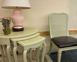 Vintage Ethan Allen Mint Nesting Tables, Ethan Allen Mint Cane/Leather Side Chair on Wheels