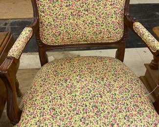 Vintage Mahogany Carved Arm Chair, Chintz Fabric