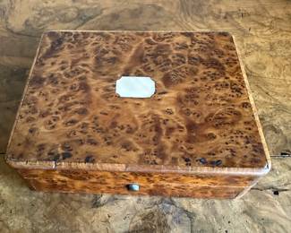 Antique English burl wood watch box with mother of pearl inlay