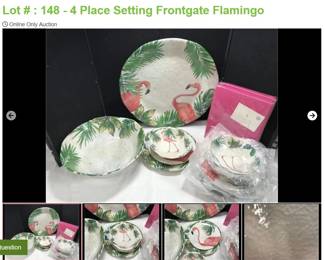 Lot # : 148 - 4 Place Setting Frontgate Flamingo
4 Dinner plates 11" round, 4 salad/desert plates 9", bowls 7 1/2" across, Platter 19", Serving bowl 14" across and 2 pink canvas panels 44" x 96".
