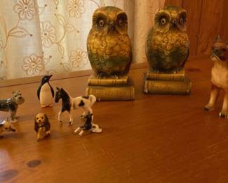 Vintage Owl Bookends And Ceramic Animals