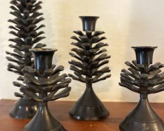 Set Of Four Black Metal Pinecone Candle Holders