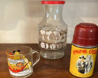 Vintage 1978 McDonalds Garfield Mug, Snoopy Orange Juice Container, And Hopalong Cassidy Thermos