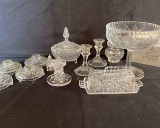 Glass Candle Stick Holders, Serving Dishes, Butter Troth