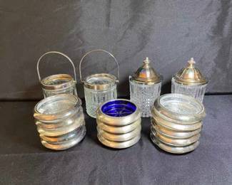 Siverplated And Glass Canisters And Coasters