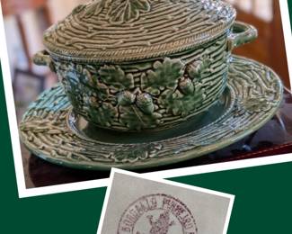 Vintage Bordallo Pinheiro Majolica Oak Leaf Green Acorn Tureen