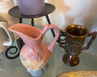 Vintage kilned pitcher and vintage brass chalice