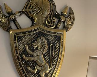 Vintage Bronzed Iron Lion Warrior Knight Coat of Arms - Axe / Shield Wall Hang

