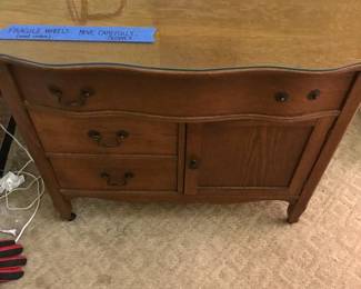Antique Cabinet w/ Three Drawers, One Door and Glass Top. 36"L 18"W 34"H