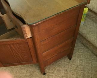 Antique Cabinet w/ Three Drawers, One Door and Glass Top. 36"L 18"W 34"H