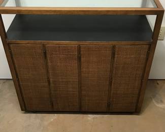 Incredible MCM dry bar unit with glass top and opening bottom doors. 36"L 16"W 36"H