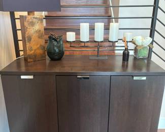 Crate & Barrel Dark Wood Buffet/Sideboard, Rustic Style Table Lamp with Square Shade, Green Ceramic Owl Shaped Vase, Contemporary 5 Arm Candle Holder, Contemporay Black 5 Arm Pillar Candle Holder