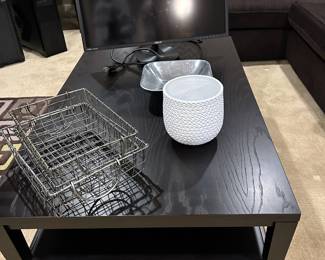 Black Two Tier Coffee Table, ASUS Computer Monitor, Pair of Wire Storage Baskets
