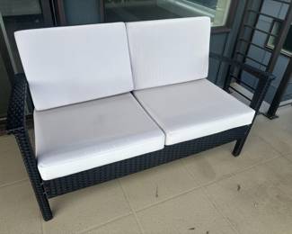  4-Piece Black Poly Rattan Patio Furniture Set with White Cushions