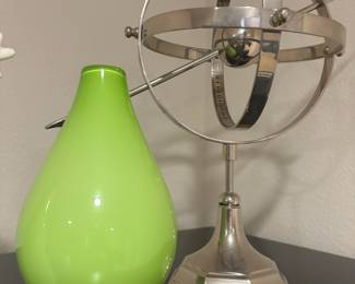 Lime Green Glass Teardrop Vase, Metal Silver Tone Armillary Sphere Decoration