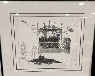 Framed & Matted Lithograph "Ice Skating Alligator" by Edward Gorey