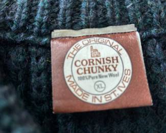The Original Cornish Chunky 100% Pure New Wool Thick Knit Blue, Green & Gray Sweater - Size XL