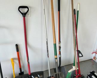 Assortment of Shovels, Rake, Pitchfork, Brooms