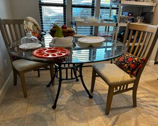 Glass table top, metal base  two chair 