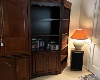 R2 - $225 - 5 Piece Media Cabinet by Broyhill. (Would prefer to sell all pieces together but will consider splitting.) Excellent condition. Moves in 5 separate pieces. Can be used all together as photographed or as corner cabinets and separate display shelves. Assembled all together it’s 12.5’ long. Center piece is 78.5” tall. Other 4 are 76” tall. 
