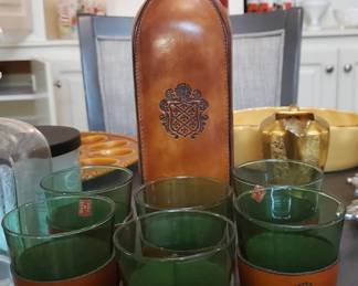 Italian leather wrapped vintage wine bottle & cups