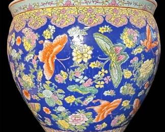 A Large Asian Fishbowl Planter with Butterfly and Floral Motif