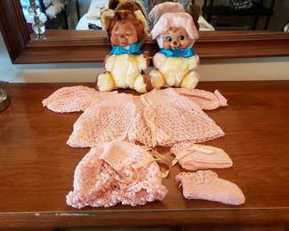 VINTAGE PLUSH ANIMALS AND VINTAGE BABY CLOTHES