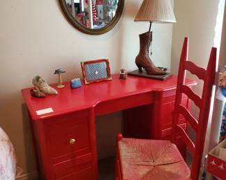 VINTAGE RED VANITY AND LADDER BACK CHAIR