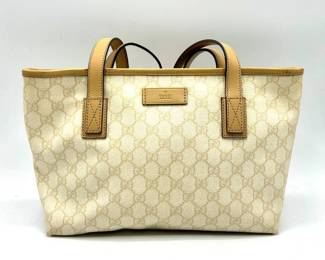 Gucci Light Beige GG Supreme PVC x Leather Tote Bag