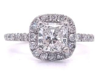 1.30 Carat Princess Diamond Halo Pavé Engagement Ring in 14k White Gold