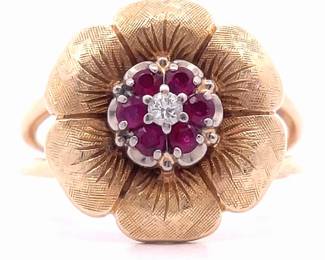 Diamond & Ruby Cluster Hawaiian Hibiscus Flower Ring in 14k Yellow Gold