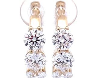 3 Carat Diamond Three-Stone Small Hoop Earrings in 14k Yellow Gold