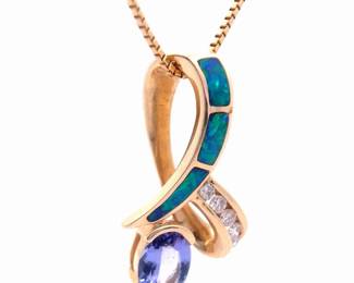 0.25 Carat Diamond, Tanzanite & Blue Opal Inlay Ribbon Slide Pendant in 14k Yellow Gold