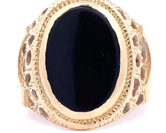 Oval Onyx Tablet Openwork Tapered Ring in 14k Yellow Gold