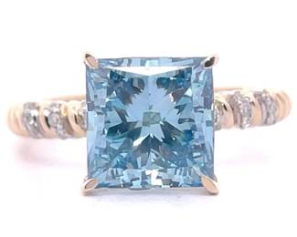 NEW! 4.10 Carat Princess Cut Fancy Blue & White Diamond Pavé Ring in 14k Yellow Gold