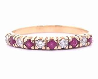 Alternating Ruby & Diamond Slim Stacking Ring in 14k Yellow Gold