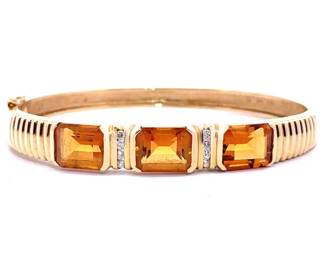 XL Golden Citrine & Diamond Ribbed Bangle Bracelet in 14k Yellow Gold