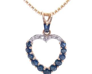 Blue Sapphire & Damond Open Heart Halo Split Bail Pendant in 14k Yellow Gold