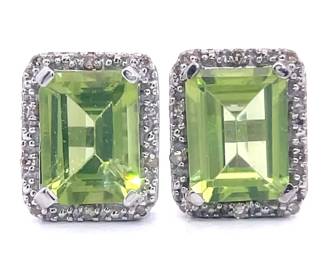 Emerald Cut Peridot & Diamond Halo Earrings in White Gold